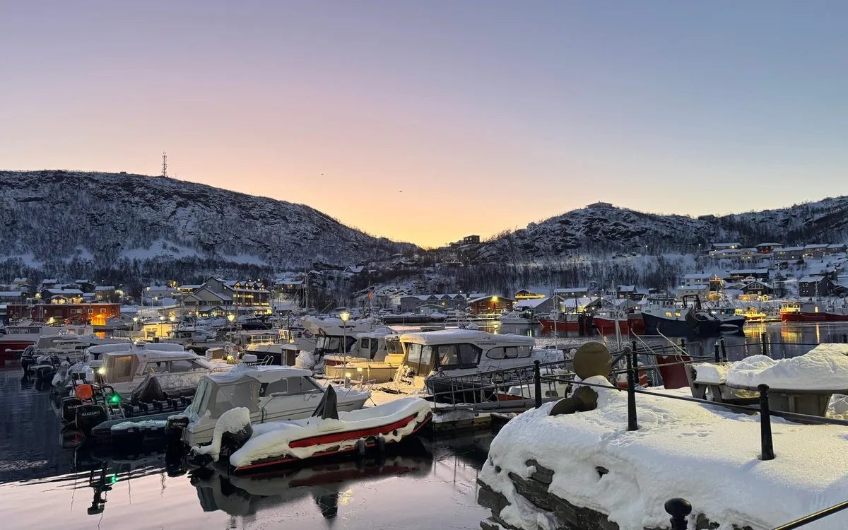 The harbour at Skjerv&oslash;y in blue winter twilight